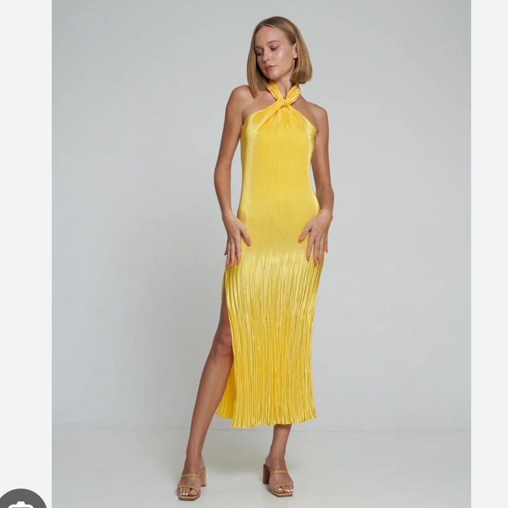 Yellow Halter Midi Dress with Twist Neck